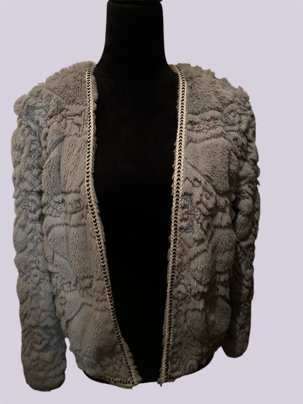 Plush Open-Front Blue-Gray Lined Jacket with Contrast Trim
